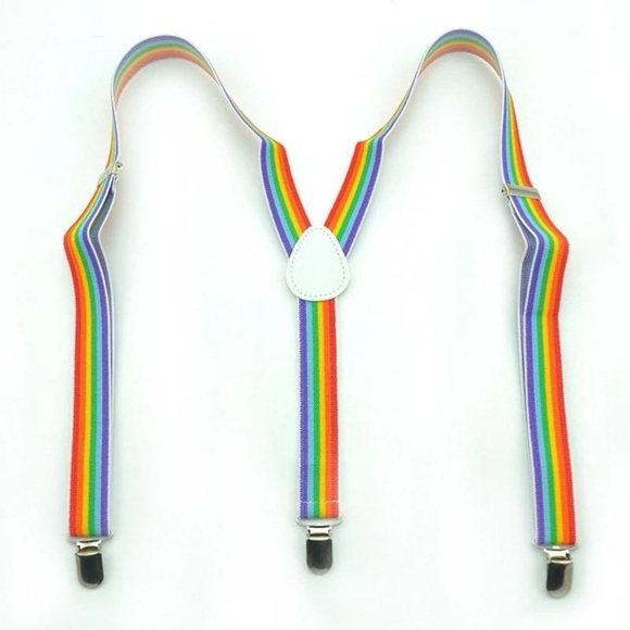 Clip-on Suspenders Elastic Seven Color Rainbow Stripe Pattern Y-back - Picture 5 of 7